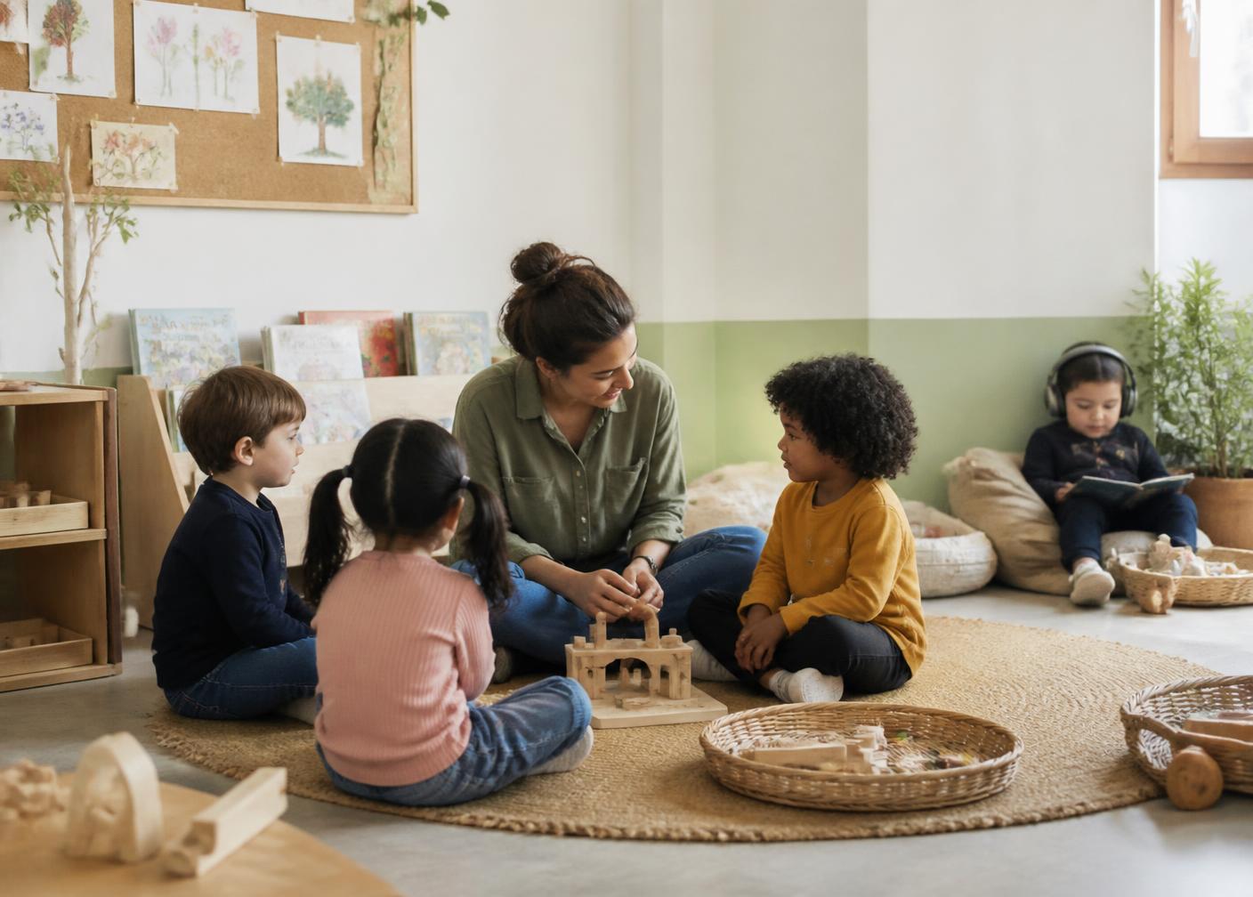 A volunteer sitting on a rug with young children in a bright, calm classroom